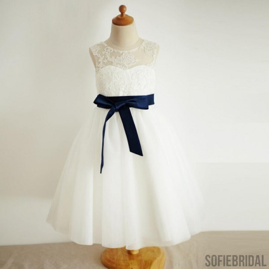 Illusion Lace Tulle Flower Girl Dresses with Navy Belt, Affordable Flo ...