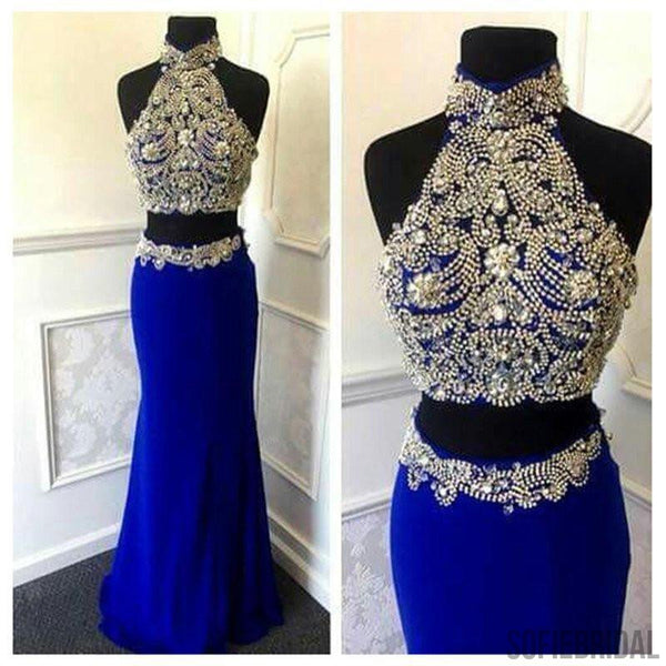 Gorgeous High Neck Two Pieces Sexy Mermaid Royal Blue Jersey Prom Dres ...