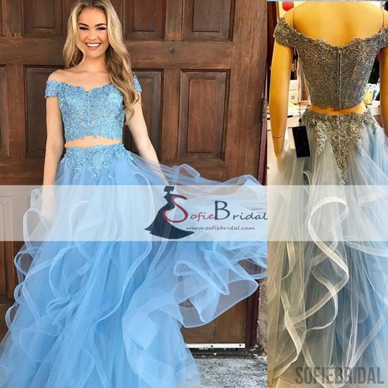 2 pieces Off Shoulder Blue Lace Tulle Prom Dresses, Lovely Prom Dresse ...