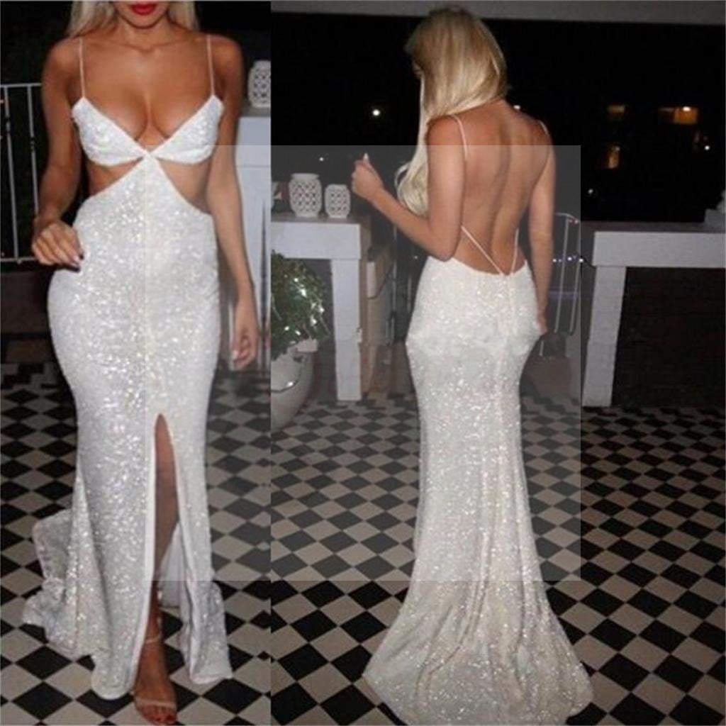 white sequin backless dress