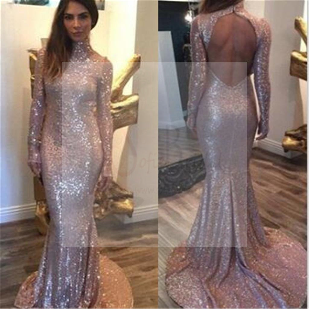 long sleeve high neck prom dress