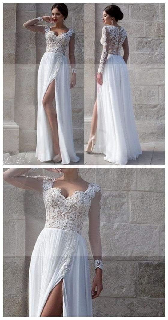 White Lace Side Slit Elegant Prom Dresses, Cheap Custom Wedding Dresse ...