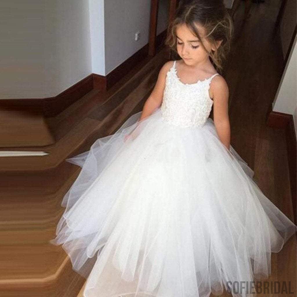 Spaghetti Lace Top Ivory Tulle Hot Sale Flower Girl Dresses For Weddin - SofieBridal