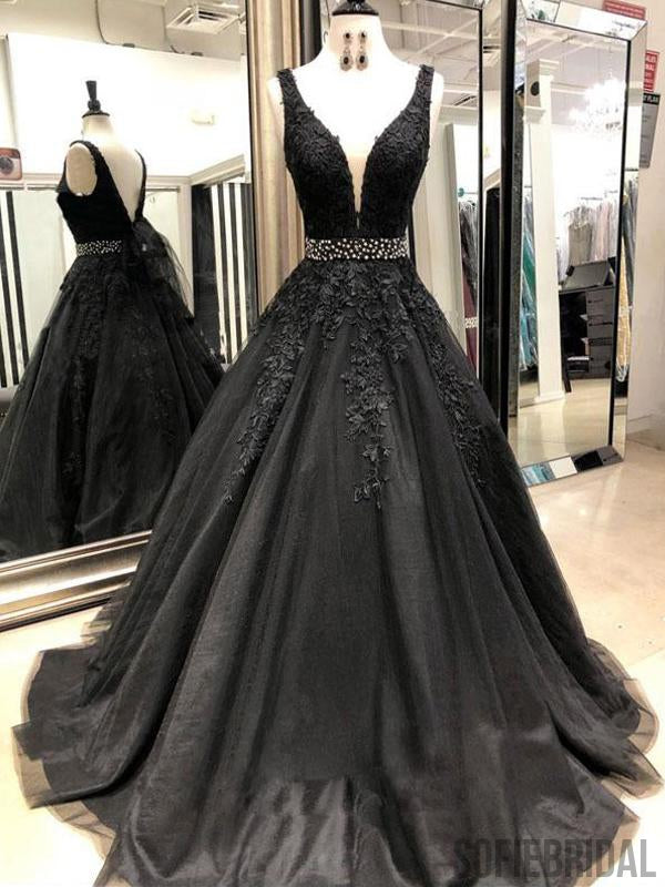 Black V-neck Lace Appliques A-line Prom Dresses, Beaded Prom Dresses ...