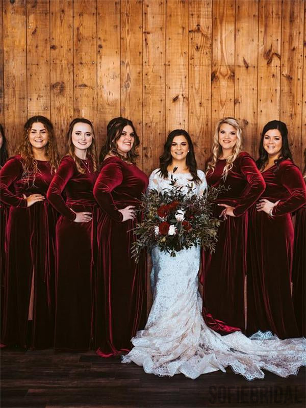 bridesmaid dresses burgundy long sleeve