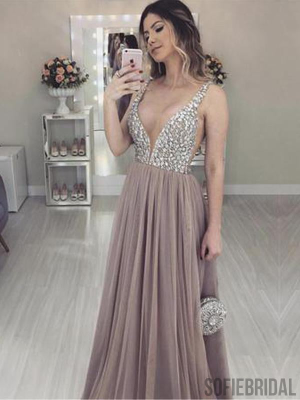 V-neck long A-line Rhinestone Tulle Prom Dresses, PD0979 – SofieBridal