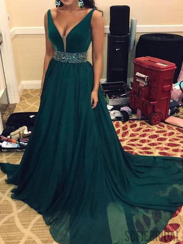 V-neck Long A-line Beaded Emerald Green Chiffon Prom dresses, PD0985 ...