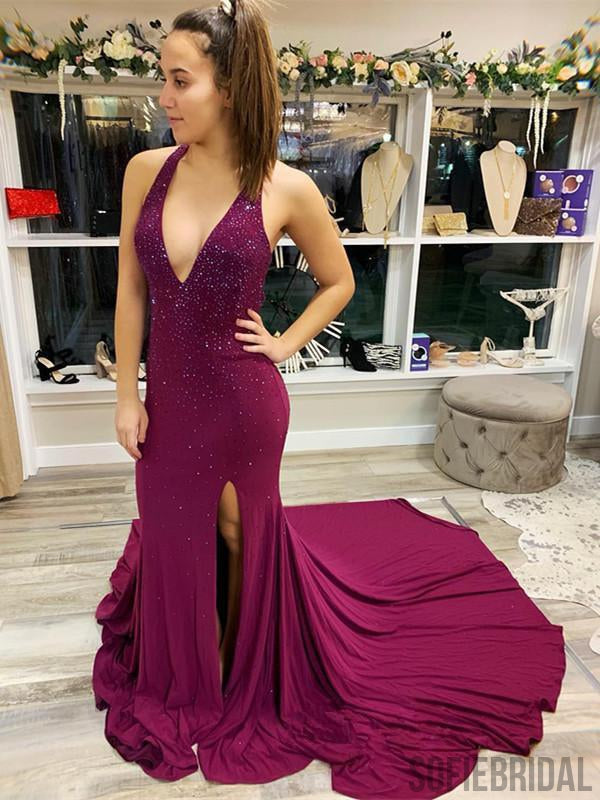 Sexy Mermaid Backless V-neck Beading Prom Dresses With Split, PD0056 ...