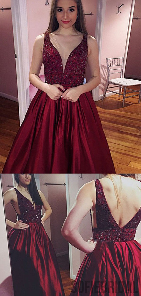 Red Beaded Satin Prom Dresses, Long A-line Prom Dresses, Cheap Prom Dr ...