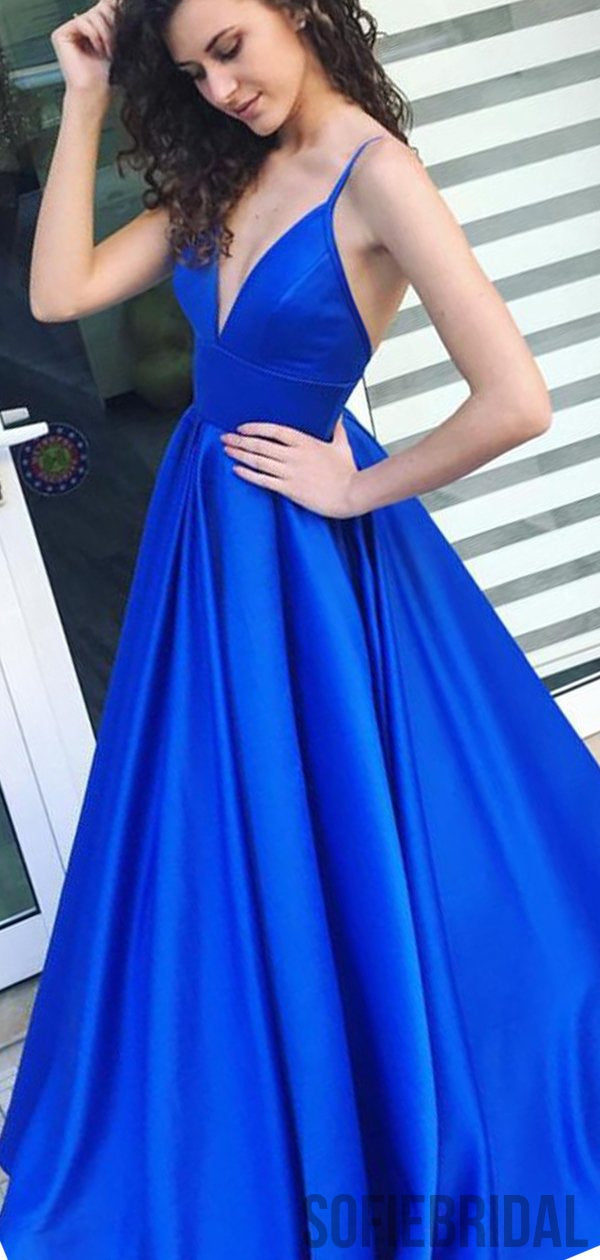 Spaghetti Long A-line Royal Blue Satin Prom Dresses, PD0892 – SofieBridal
