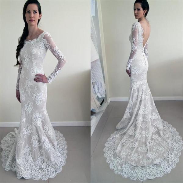 Round Neck Long Sleeve See Through Lace Mermaid V-back Wedding Dresses ...