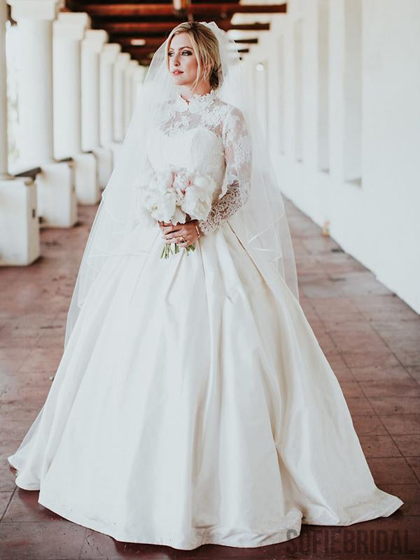 High Neck Long Sleeves Lace Satin Wedding Dresses, WD0288 – SofieBridal