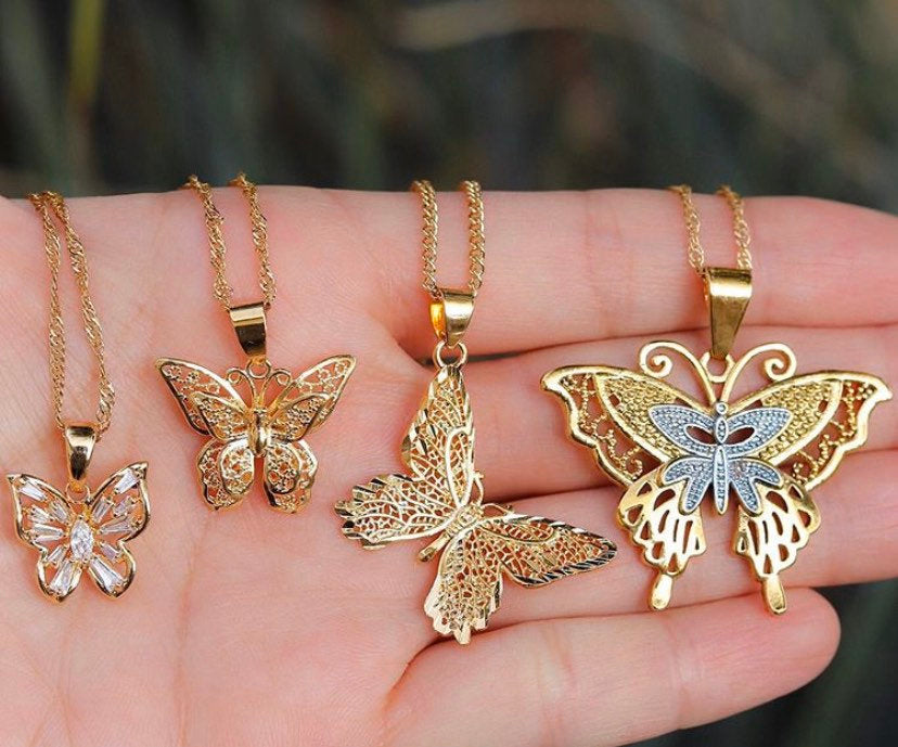 4 PIECE SET 18k gold plated Butterfly Necklaces, butterfly pendant necklace  , bu