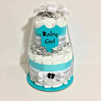 Teal and Silver Baby Girl Diaper Cake
