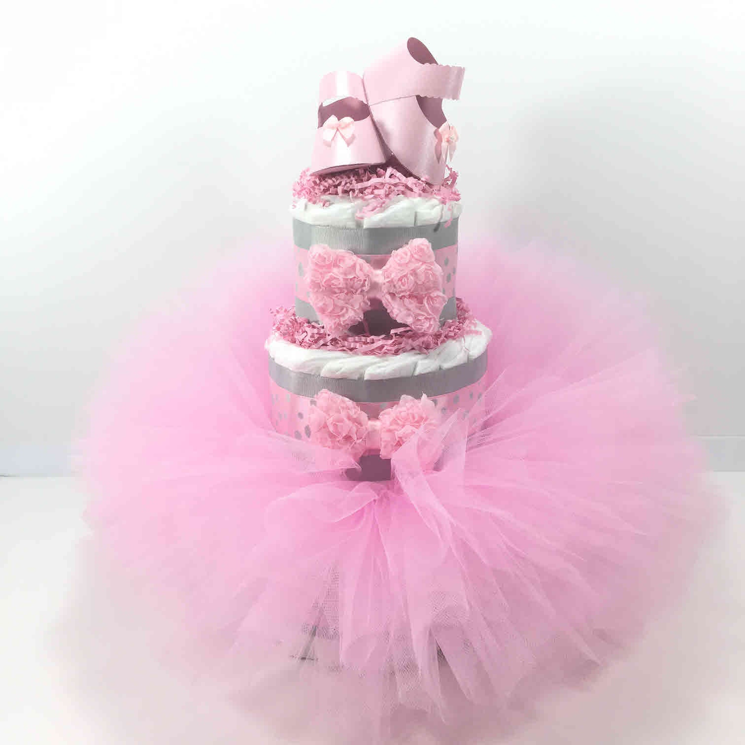 pink and gray diaper cake