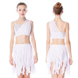 MiDee Elegant Soft Mesh Skirt Dianogal Sequins Top Modern Dance Costumes