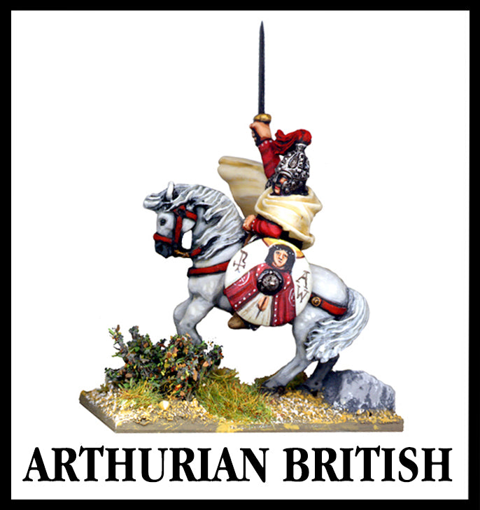 Arthurian British 28mm lead miniatures king Arthur riding horse in to battle with sword in the air from Foundry Miniatures.