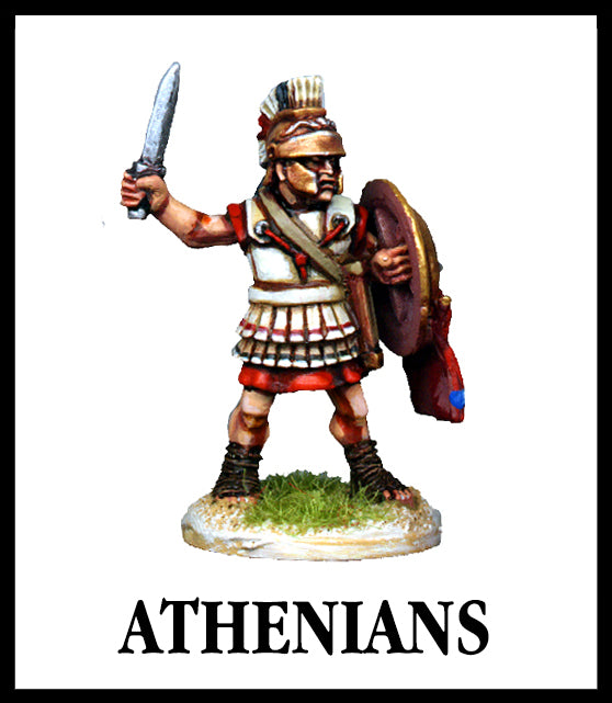 28mm scale lead metal miniature toy soldier from Wargames Foundry World Of The Greeks armoured athenian with helmet, sword and shield 