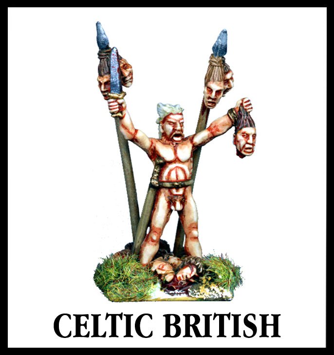 28mm scale lead metal miniature toy soldier from Wargames Foundry ancient Celtic priest with spears and decapitated heads