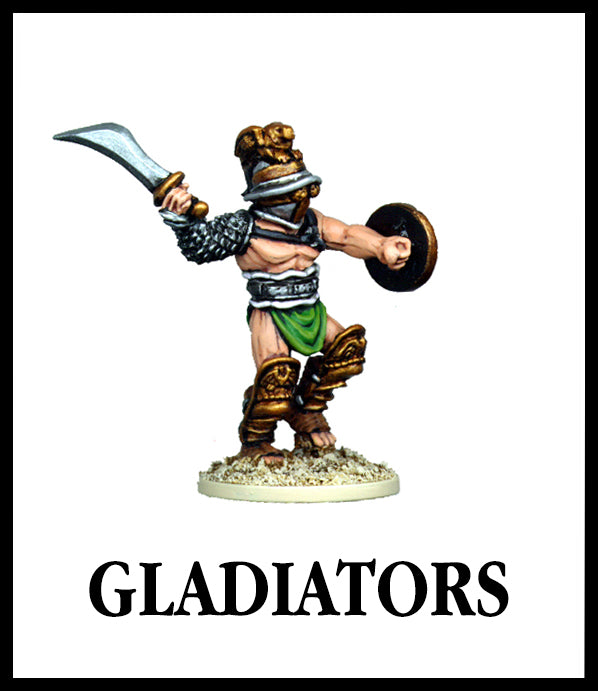 28mm scale lead metal miniature toy soldier from Wargames Foundry gladiator with helmet, armour, sword raised and small shield