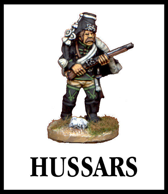 28mm scale lead metal miniature toy soldier from Wargames Foundry Seven Years War Hussar in traditional dress with gun