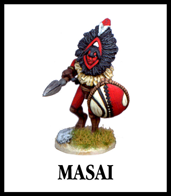 28mm scale lead metal miniature toy soldier from Wargames Foundry Darkest Africa Range Massai warrior in traditional dress with shield and spear