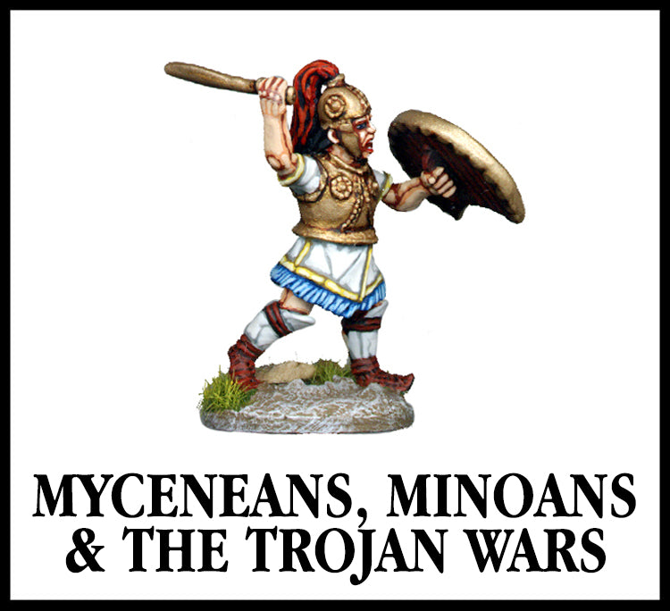 28mm scale lead metal miniature toy soldier from Wargames Foundry Myceneans, minoans and the trojan wars, warrior hero attacking with sword, shield and helmet