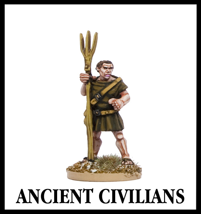 28mm scale lead metal miniature toy soldier from Wargames Foundry ancient civilian farmer with rake/farming equipment and brown tunic