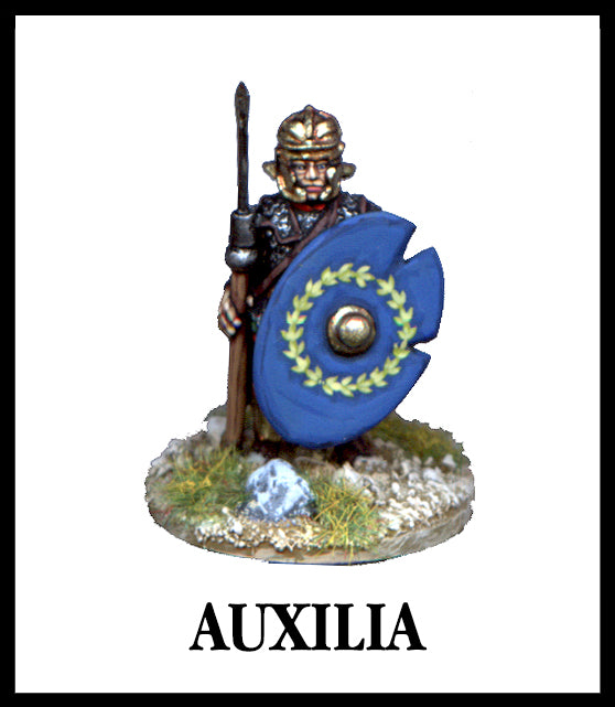 28mm scale lead metal miniature toy soldier from Wargames Foundry Imperial Romans Auxilia standing to attention with spear, helmet and shield