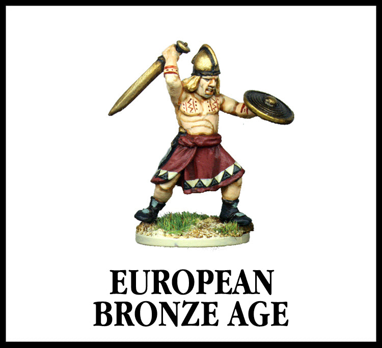 28mm scale lead metal miniature toy soldier from Wargames Foundry European Bronze Age Warrior with traditional skirt, helmet, sword and shield.