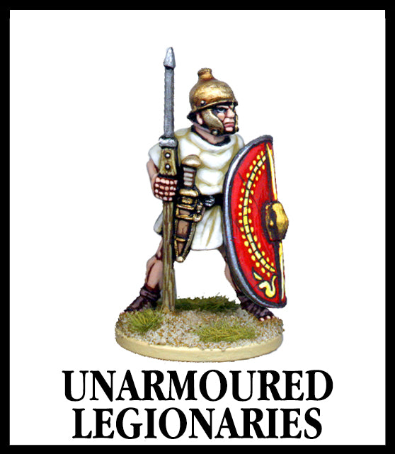 28mm scale lead metal miniature toy soldier from Wargames Foundry Caesarian Romans unarmored legionaries with spear, helmet, dagger in belt and shield