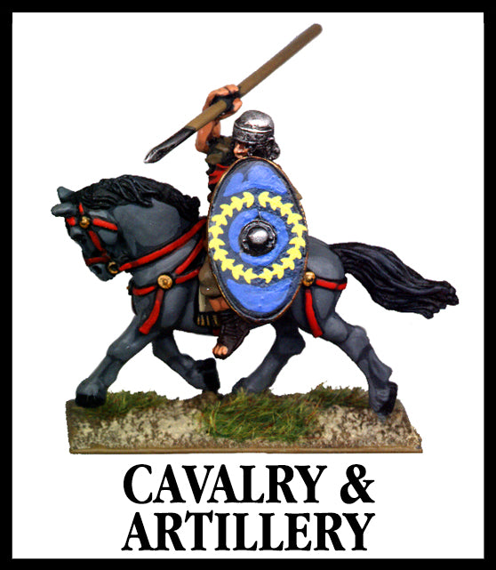 28mm scale lead metal miniature toy soldier from Wargames Foundry Imperial Romans cavalry and artillery mounted soldier on horse with scale armour, shield and spear 