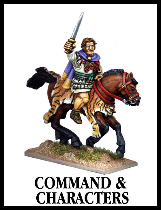 28mm scale lead metal miniature toy soldier from Wargames Foundry Macedonian Command and Characters Alexander the Great riding on horse draped with decorative animal pelts with sword raised in air