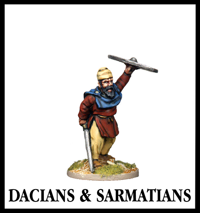 28mm scale lead metal miniature toy soldier from Wargames Foundry Dacians and Sarmatians warrior with sword by side and shield raised in air  