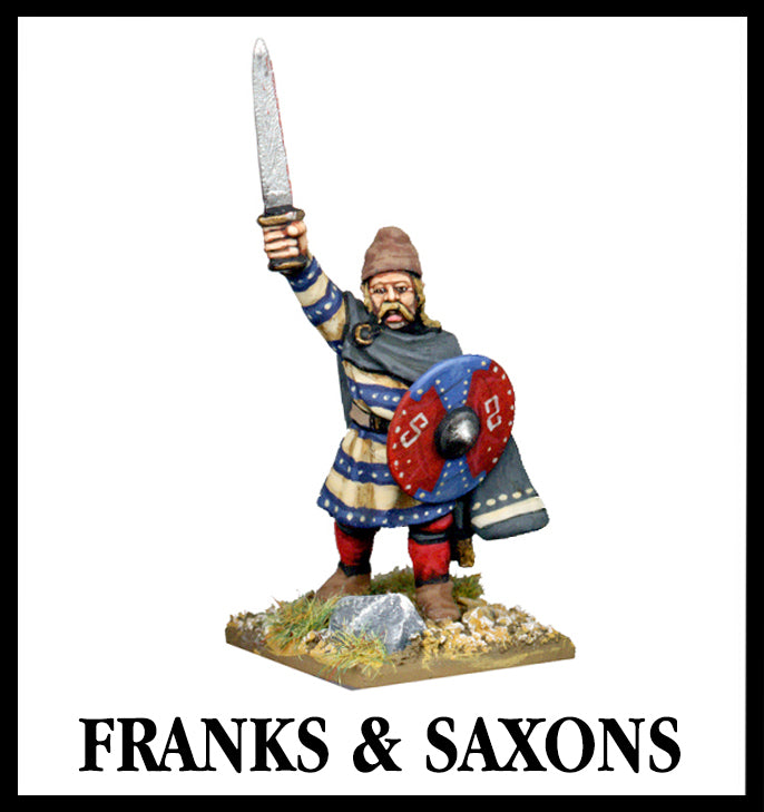 28mm scale lead metal miniature toy soldier from Wargames Foundry frank or saxon command character wearing traditional dress, sword in air and shield by side. Has long hair and beard.