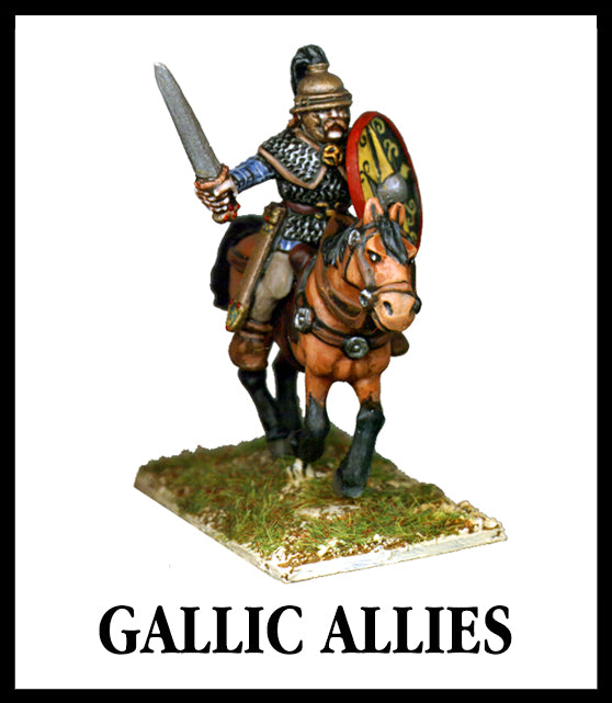 28mm scale lead metal miniature toy soldier from Wargames Foundry Caesarian Romans Gallic Allies mounted Gaul on horse with sword, helmet, chainmail and shield