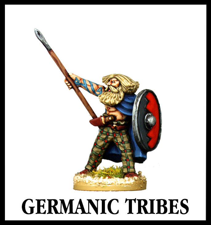 28mm scale lead metal miniature toy soldier from Wargames Foundry germanic tribes ancient chatti warrior with spear in the air