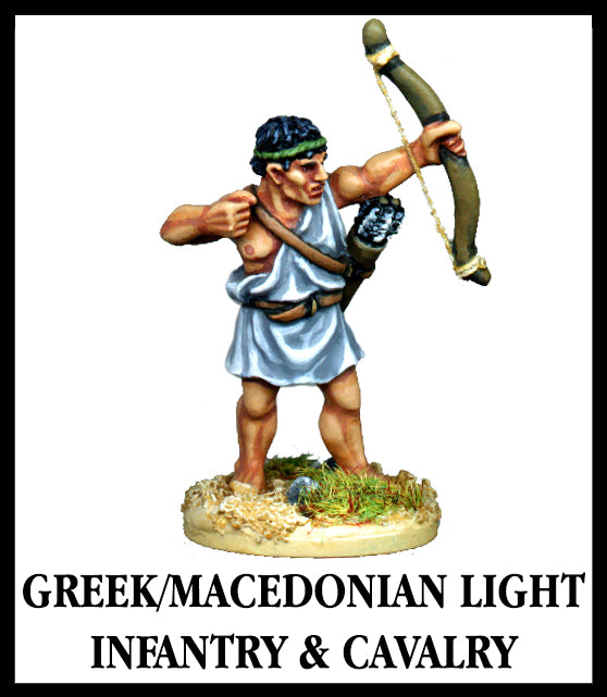 28mm scale lead metal miniature toy soldier from Wargames Foundry World Of The Greeks GREEK/MACEDONIAN LIGHT INFANTRY & CAVALRY bow raised and cloth one shouldered tunic