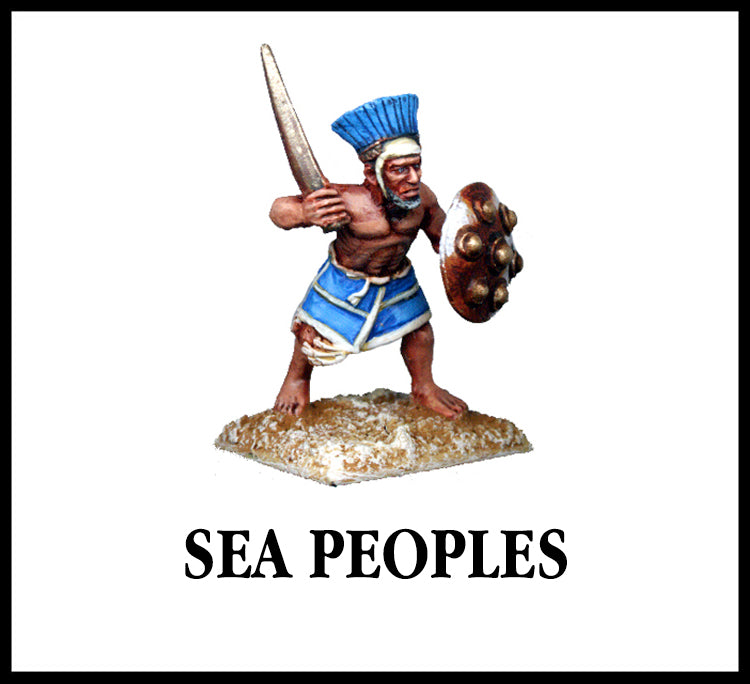 28mm scale lead metal miniature toy soldier from Wargames Foundry Sea People in Crowed Leather Helmets (Peleset, Tjekker, Denven) with sword and shield