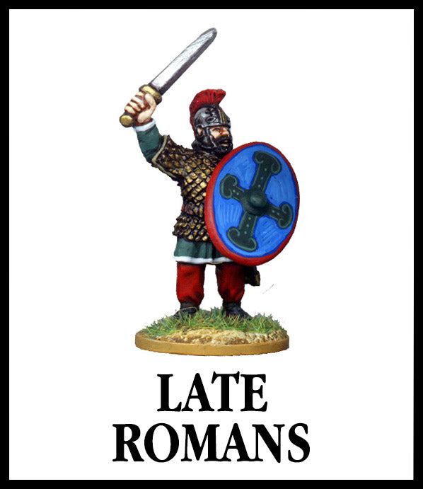 28mm scale lead metal miniature toy soldier from Wargames Foundry late roman command figure in traditional dress with chainmail armour, helmet, raised sword and large shield