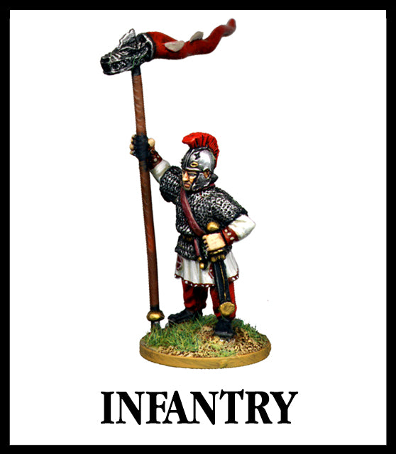 28mm scale lead metal miniature toy soldier from Wargames Foundry Late Imperial Roman Infantry command holding standard with armour and helmet 
