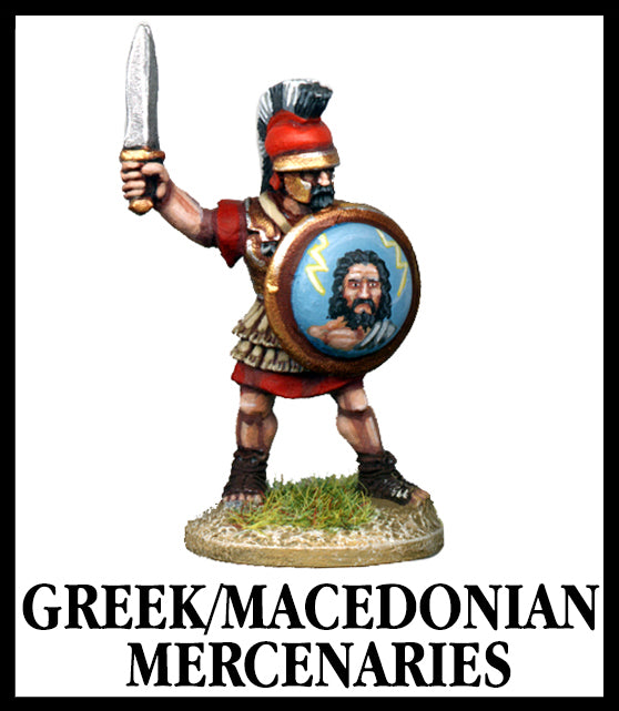 28mm scale lead metal miniature toy soldier from Wargames Foundry Macedonians armoured mercenary holding sword in air with decorative helmet and shield against chest