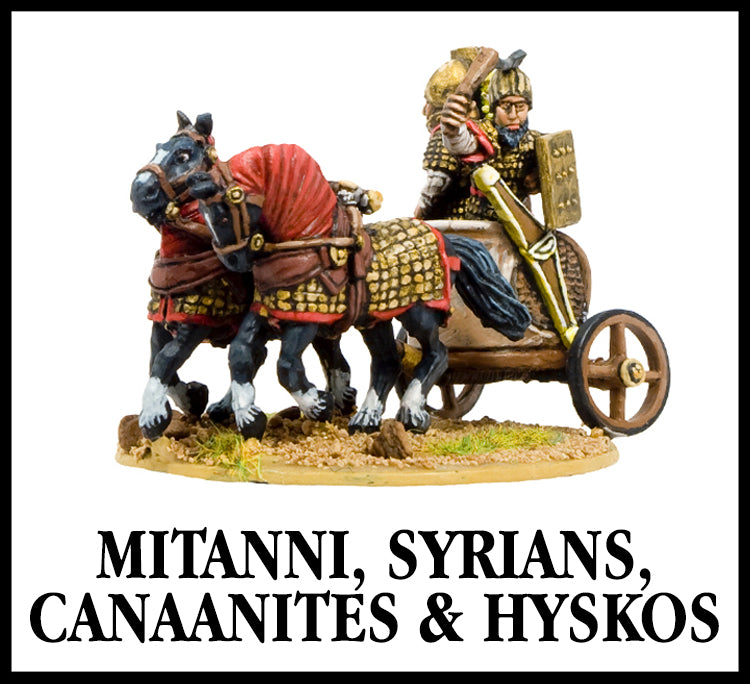 28mm scale lead metal miniature toy soldier from Wargames Foundry mitanni, syrians, canaanites and hyskos, horse pulled chariot with armoured riders firing bows in the back
