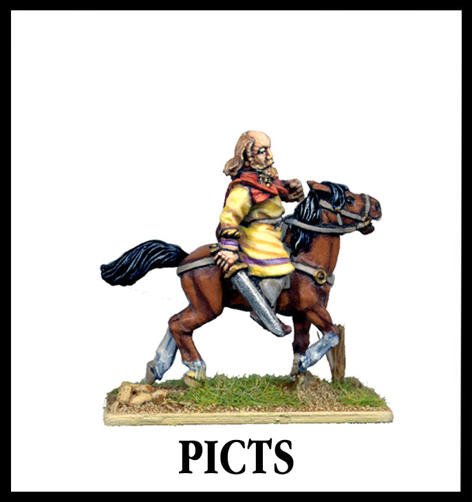 28mm scale lead metal miniature toy soldier from Wargames Foundry Ancient Pict rider with sword on horse wearing tunic