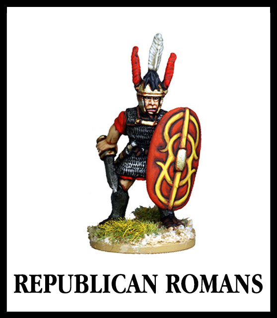 28mm scale lead metal miniature toy soldier from Wargames FoundryRepublican Rome's Wars Roman in full armour with decorative feathered helmet, small sword, large shield and chain mail