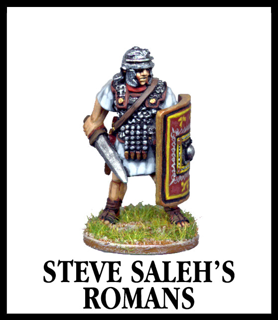 28mm scale lead metal miniature toy soldier from Wargames Foundry Imperial Romans sculpted by Steve Saleh's  example model is infantry figure with spear helmet and shield