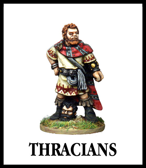 28mm scale lead metal miniature toy soldier from Wargames Foundry World Of The Greeks Thracian in traditional dress with cloak and severed head at feet