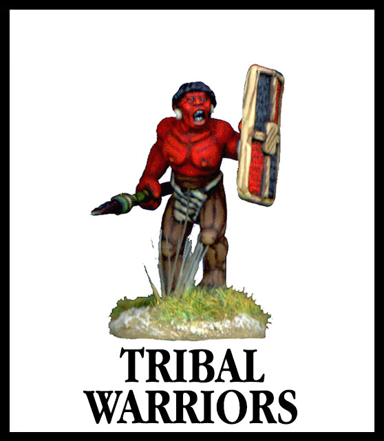 28mm scale lead metal miniature toy soldier from Wargames Foundry Darkest Africa Range African Tribal Warrior with braided hair, bamboo spear and shield