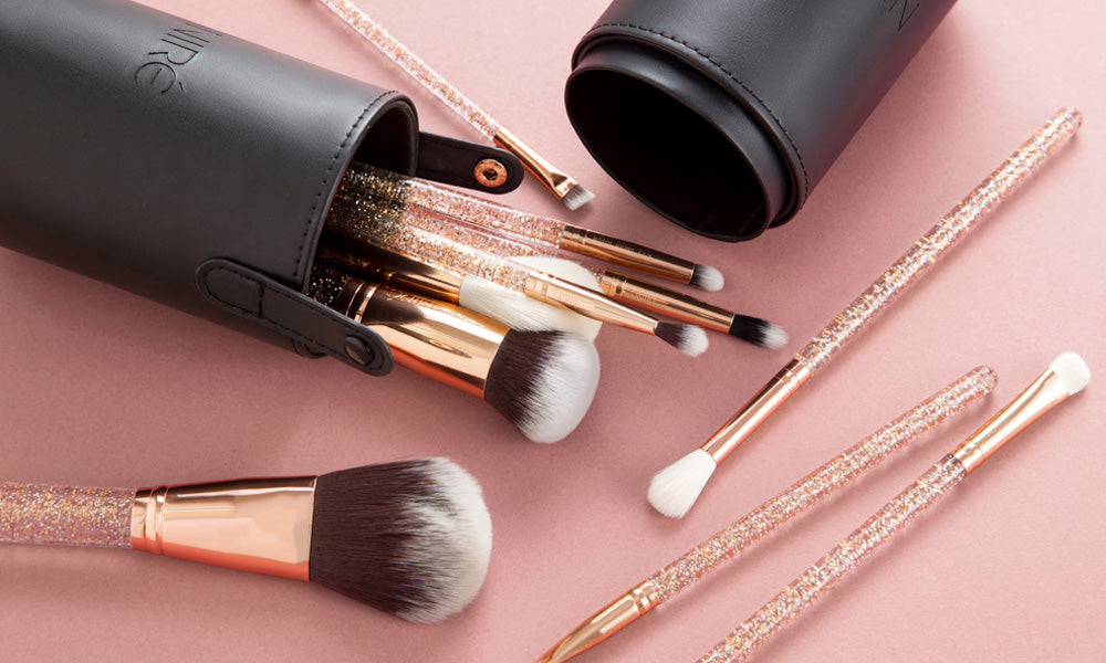 Rose gold makeup brushes with glitter handles