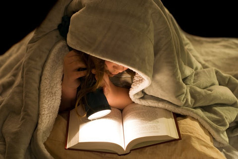 A young child with a torch reading under a bed cover